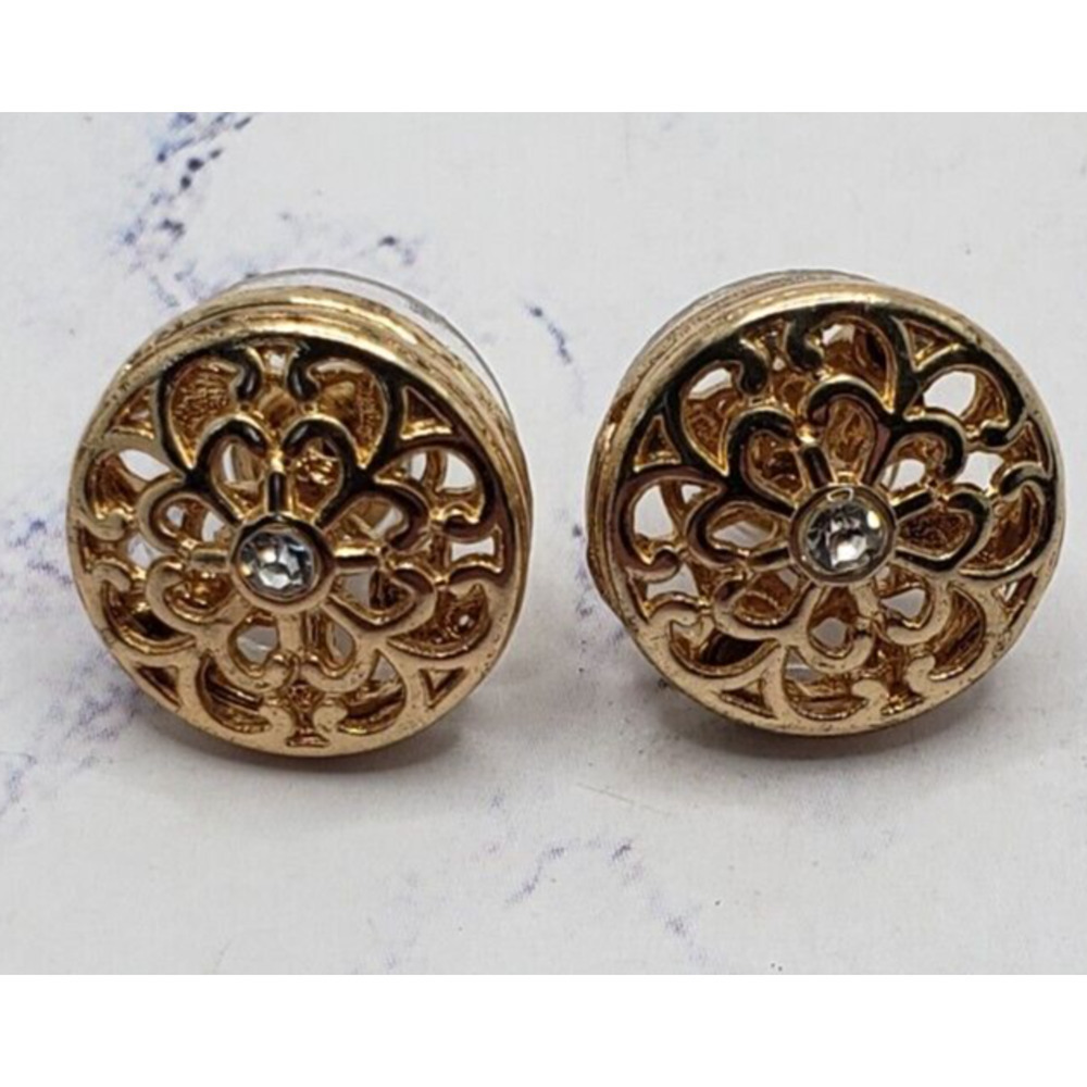 Vintage Oval Gold Tone Flowered Pattern Clear Gemstone Earrings